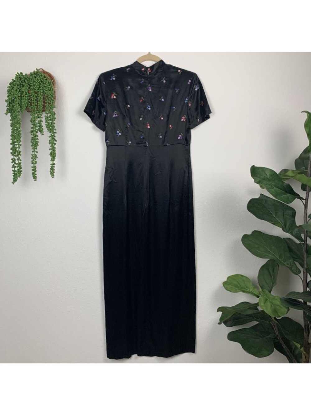 ✨3/$30 VTG Women's 8 CDC Mandarin Collar Black Satin Maxi Dress Asian Floral AGB - Picture 6 of 6
